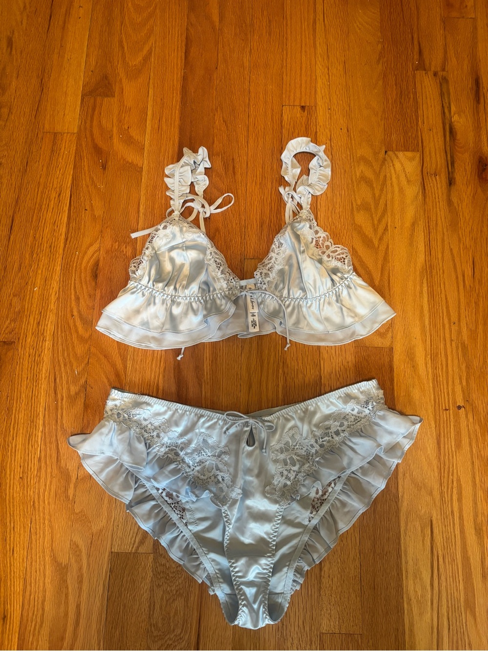 For Love & Lemons Light Blue Satin Lace Lingerie Set